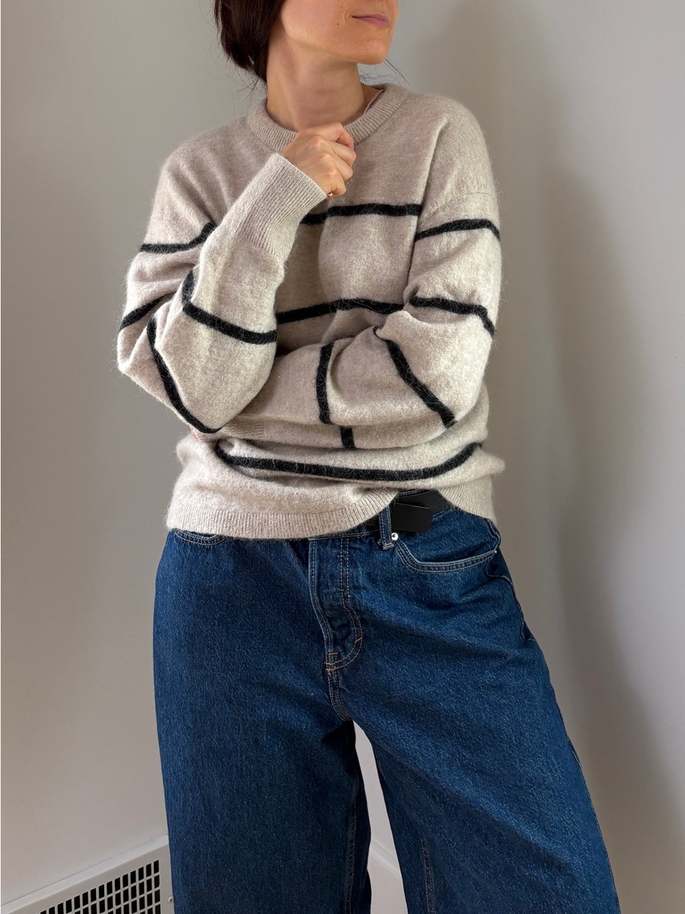& Other Stories Beige Crewneck Sweater with Black Stripes